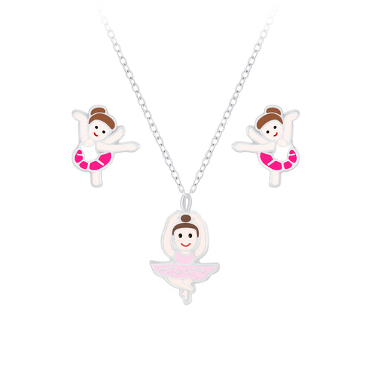 Melchior Jewellery kids silver ballet necklace and earrings set featuring cute ballerina charms for children
