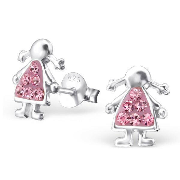 Jewellery kids silver earrings with pink stones shaped like playful girls with pigtails