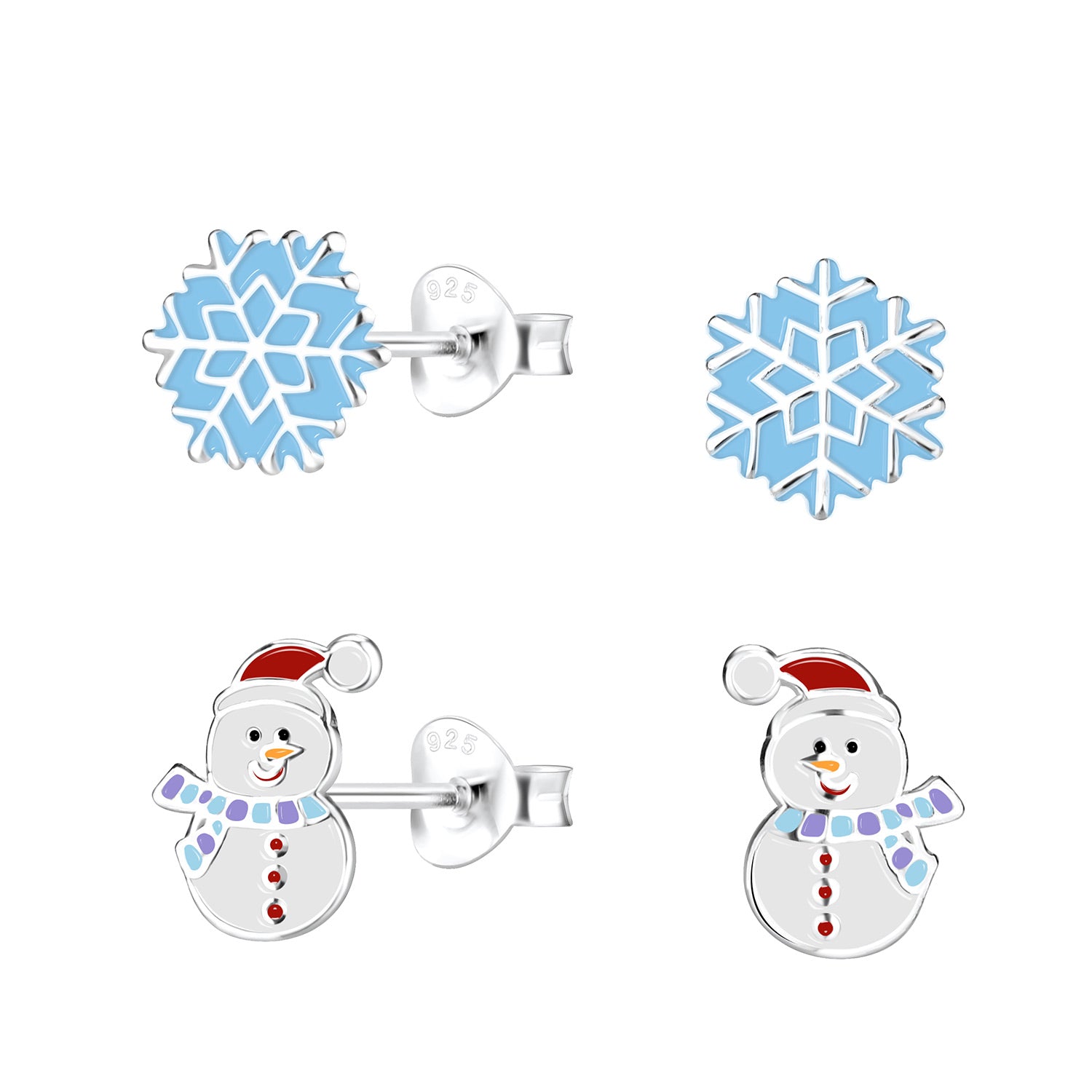Kids snowman and snowflake stud earrings set by Melchior Jewellery featuring blue snowflakes and silver snowmen with red hats