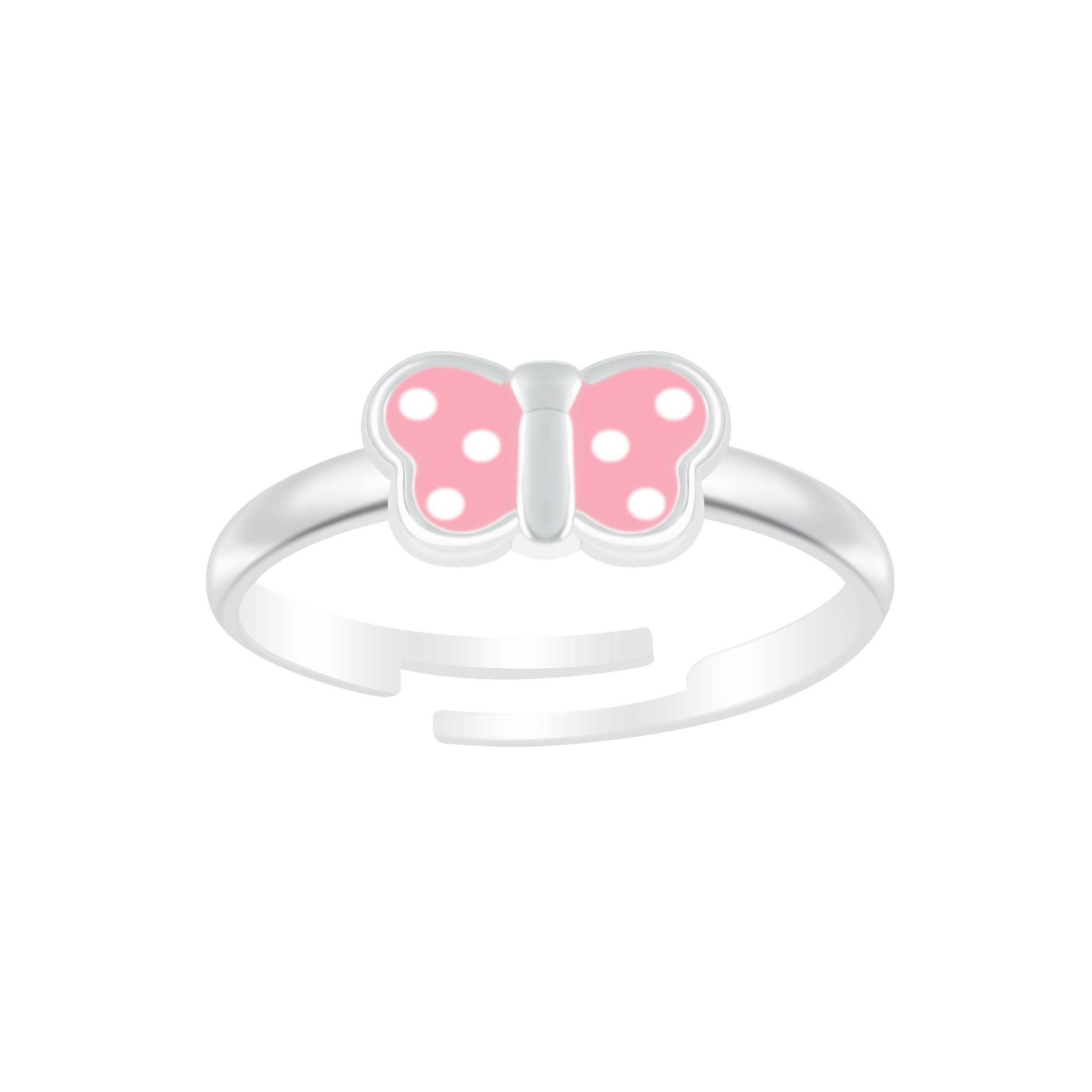 Melchior Jewellery kids spotted butterfly ring with pink and white polka dot butterfly on silver band