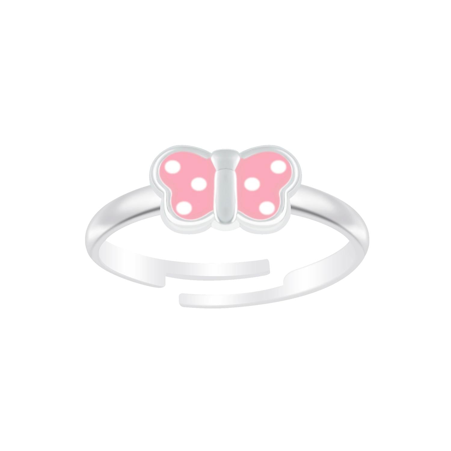 Melchior Jewellery kids spotted butterfly ring with pink and white polka dot butterfly on silver band