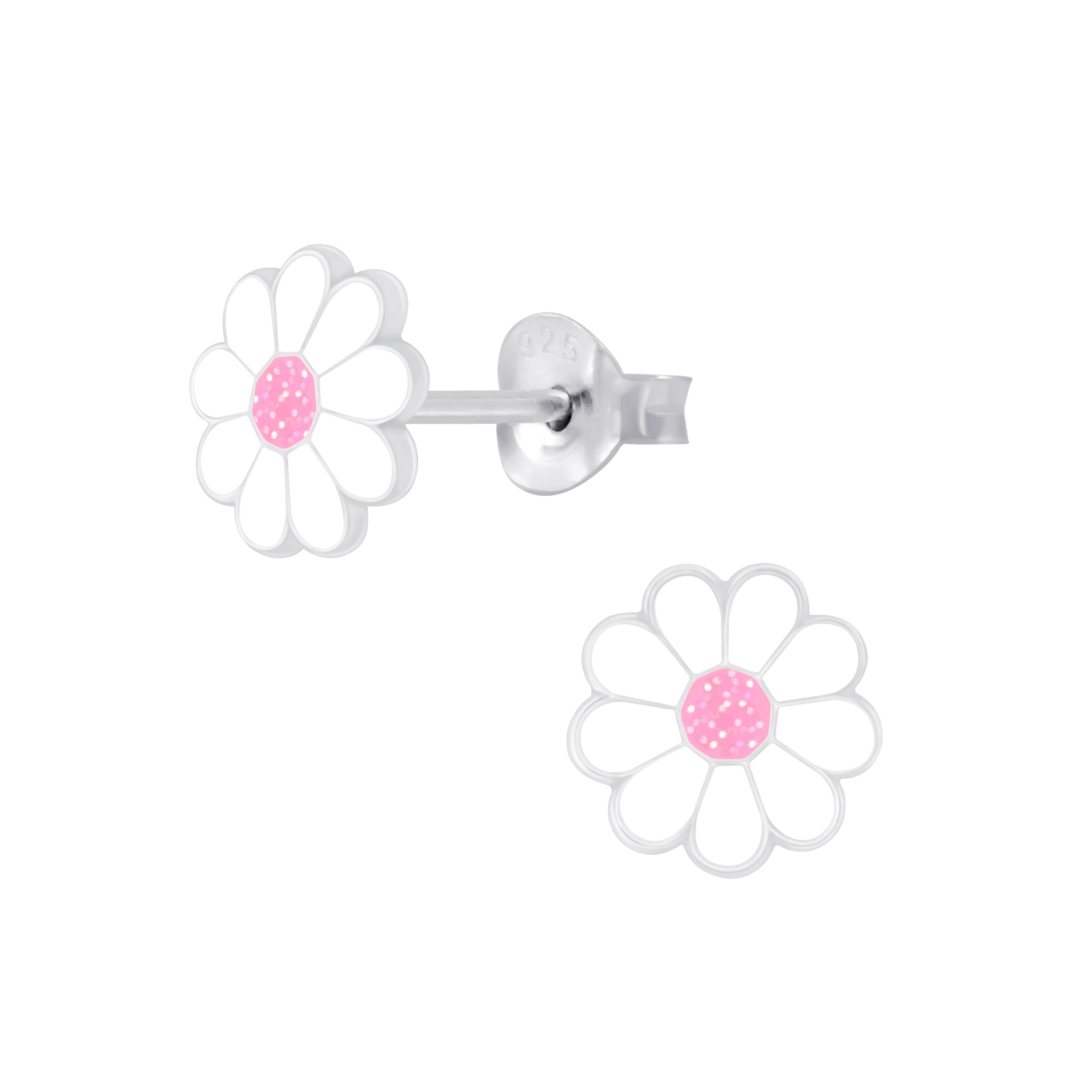Kids sterling silver flower studs with white petals and pink centre by Melchior Jewellery