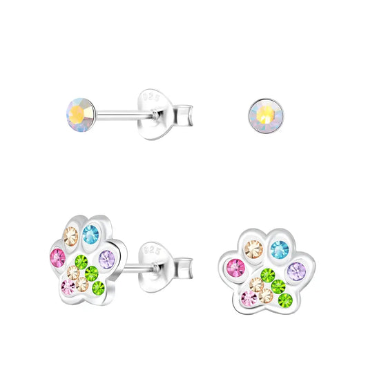 Melchior Jewellery kids sterling silver paw earrings with colourful gemstones for children