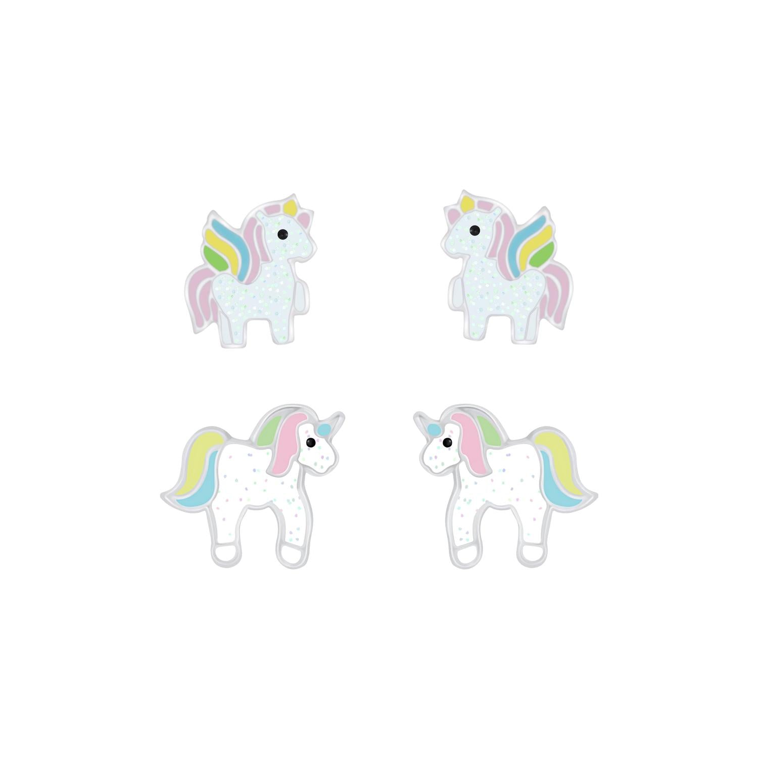 Melchior Jewellery kids sterling silver unicorn earrings with pastel coloured manes and rainbow wings