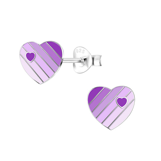 Melchior Jewellery lilac striped heart stud earrings for kids in silver with purple and lilac stripes