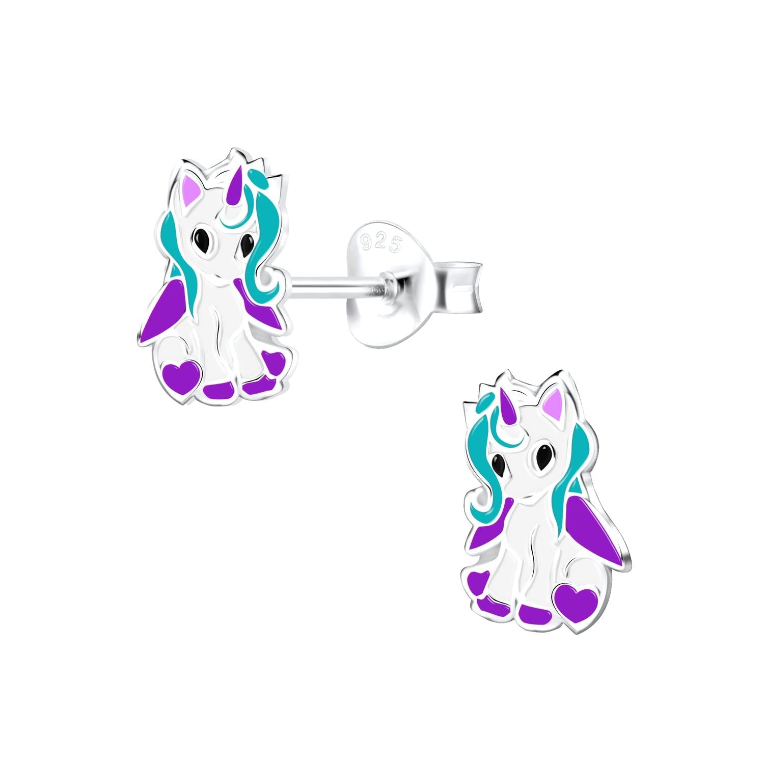 Melchior Jewellery little girls unicorn studs in silver with purple and blue enamel detailing