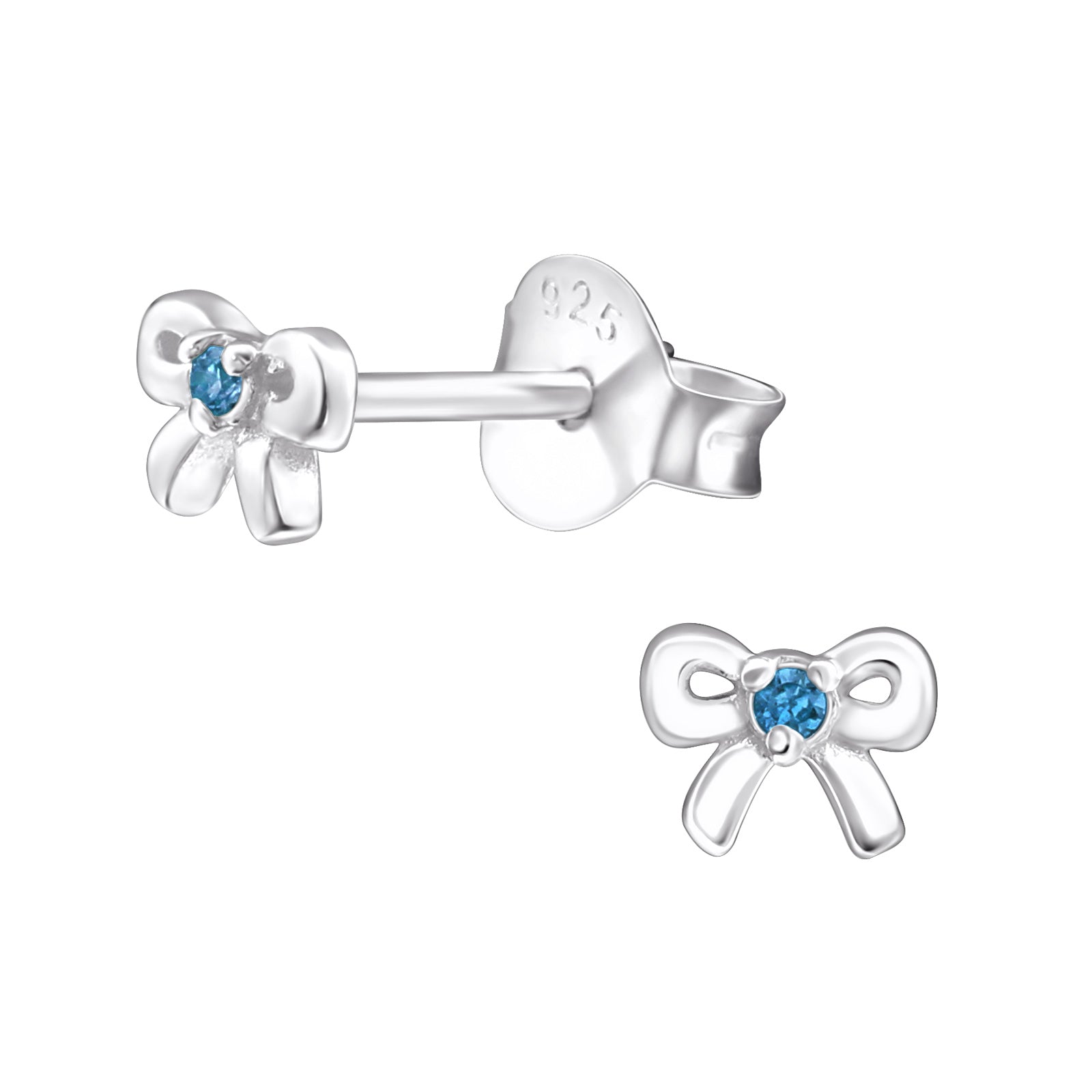 Melchior Jewellery silver bow stud March birthstone earrings for kids with blue gemstones