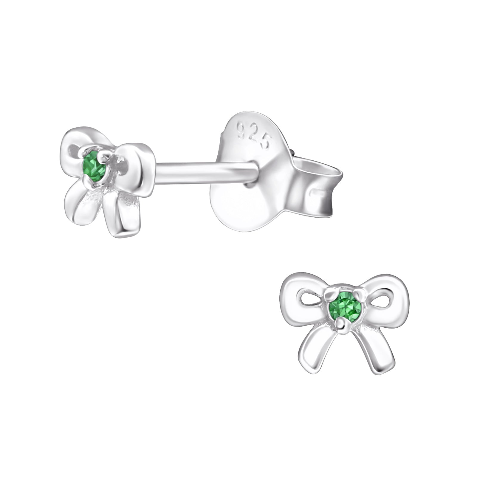 Melchior Jewellery May birthstone stud earrings for kids shaped like silver bows with green stones