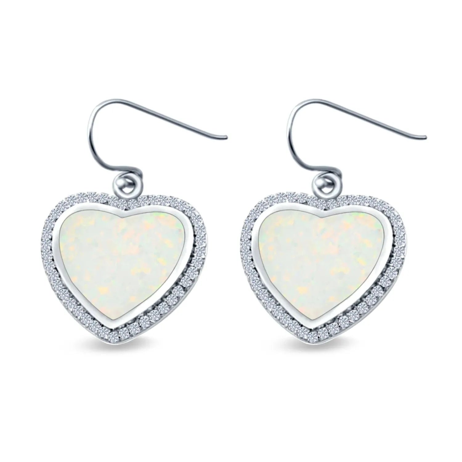 Melchior Jewellery opal heart halo earrings with iridescent white opal centre and sparkling silver halo setting