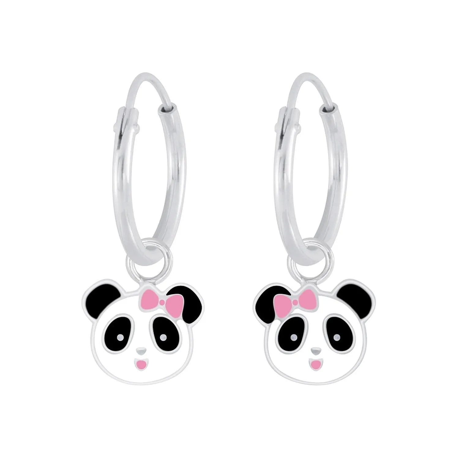 Melchior Jewellery panda bear earrings for girls featuring cute panda faces with pink bows on silver hoops