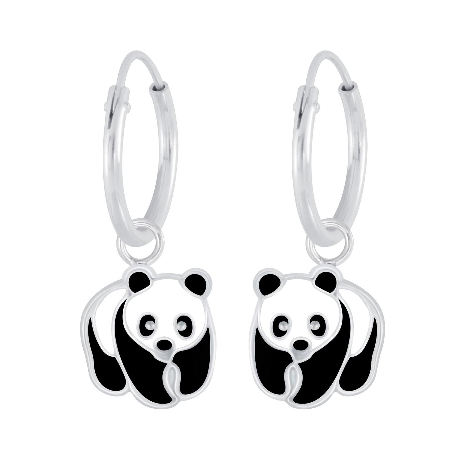 sterling silver panda bear earrings for girls with black and white enamel charm hoops