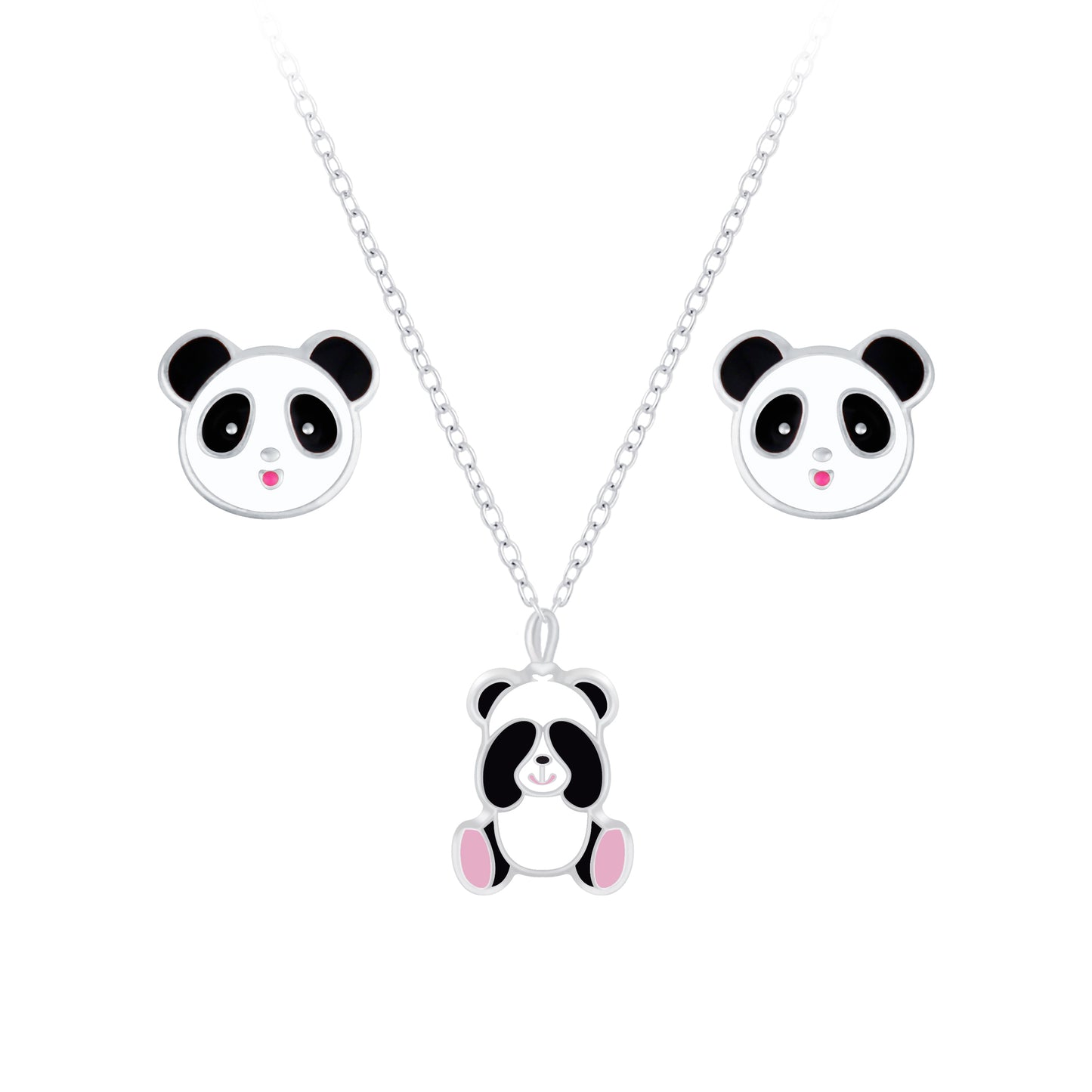 Melchior Jewellery panda stud earrings and necklace gift set for children with cute black and white panda design