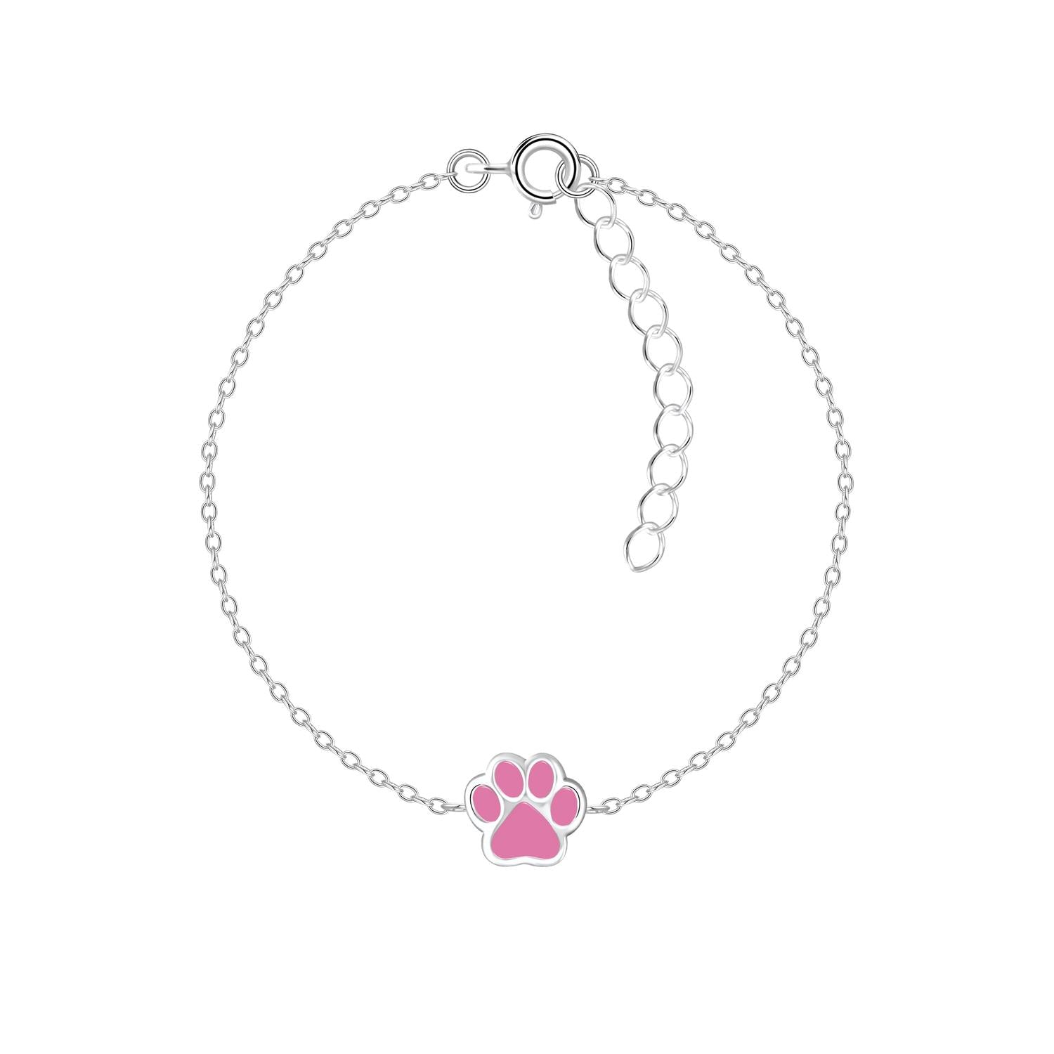 Melchior Jewellery delicate paw print bracelet for kids with pink charm and adjustable silver chain