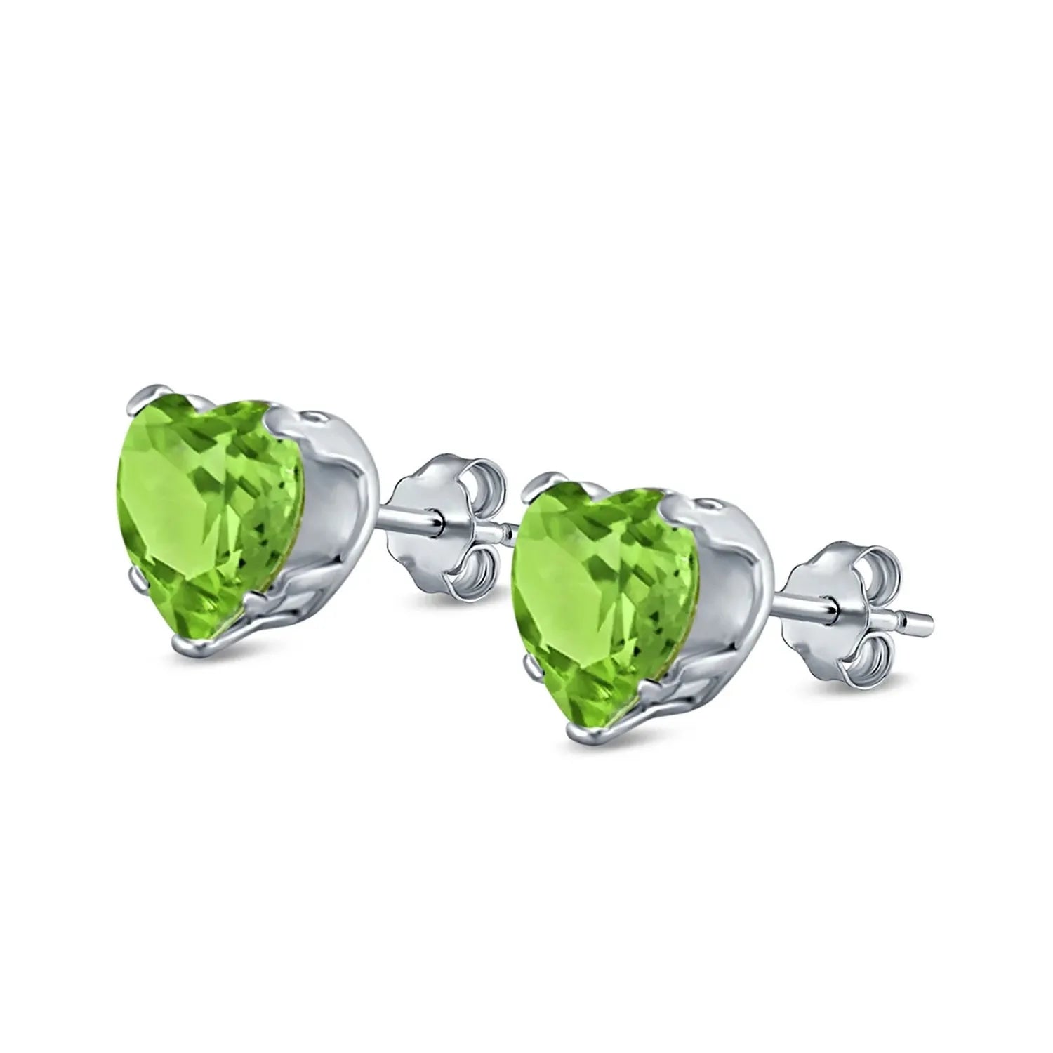 Melchior Jewellery peridot heart stud earrings with bright green gemstones set in silver studs