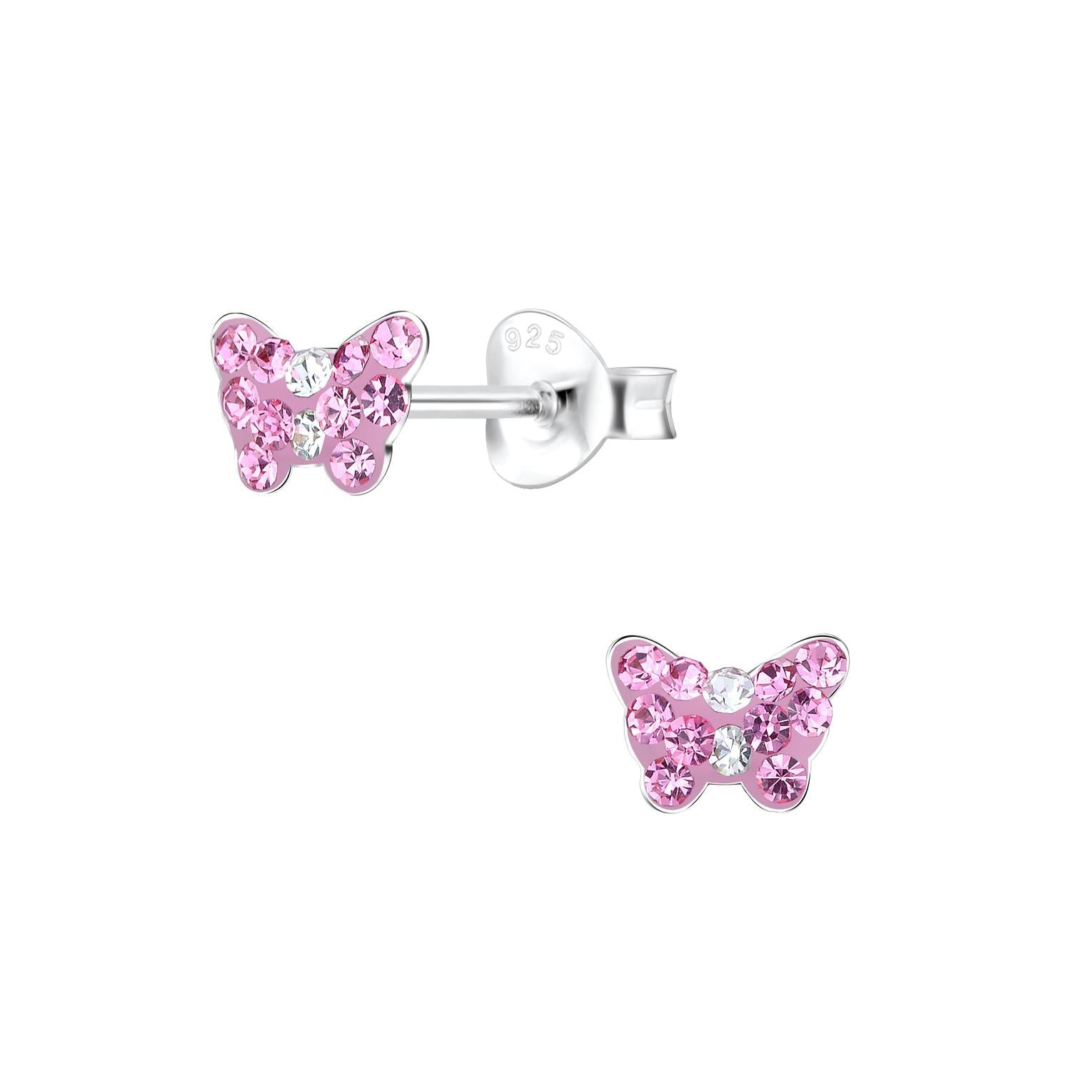 Pink butterfly stud earrings for kids by Melchior Jewellery featuring silver settings with sparkling stones