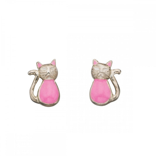 Pink cat stud earrings for kids from Melchior Jewellery featuring silver and pink enamel design