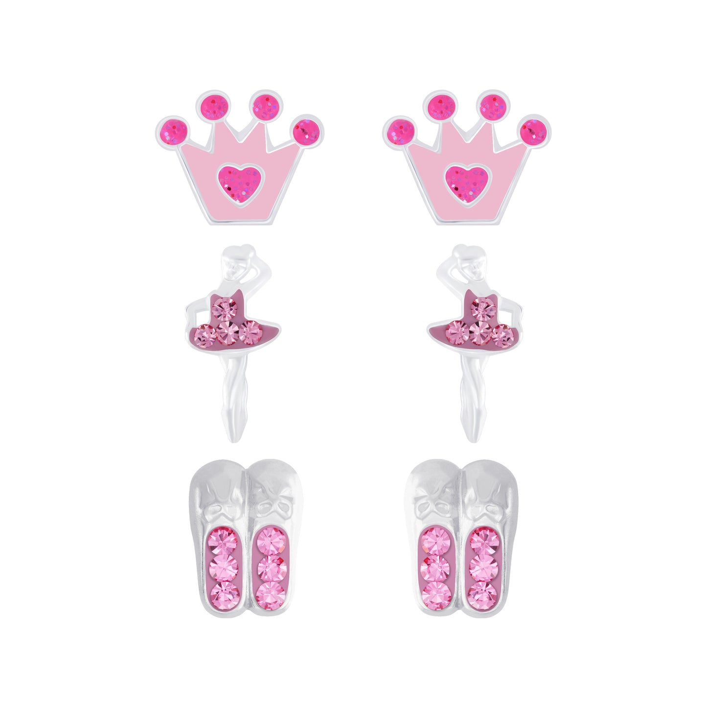 Pink crown ballet shoes earrings set for children by Melchior Jewellery with glitter and silver details