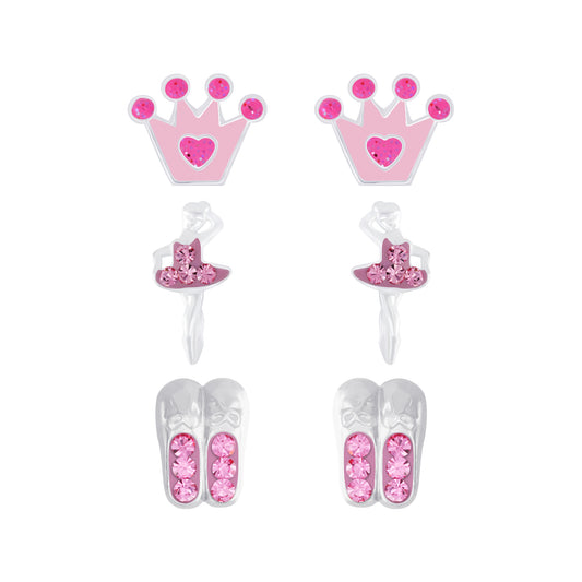 Pink crown ballet shoes earrings set for children by Melchior Jewellery with glitter and silver details