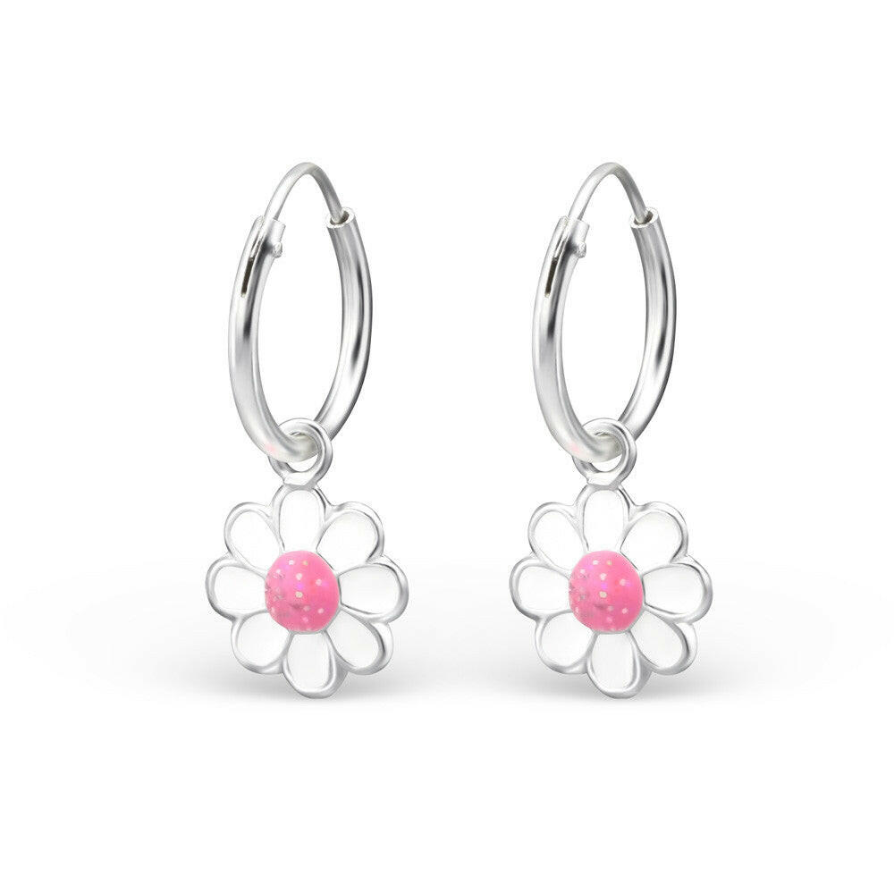 Melchior silver pink daisy hoop earrings for girls with white enamel petals and pink speckled centre
