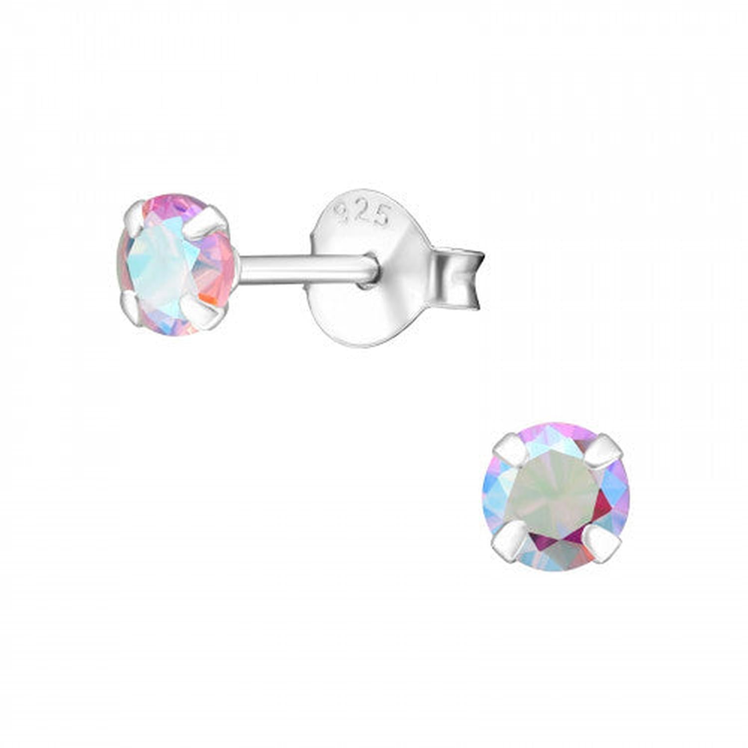 Melchior Jewellery pink earrings for girls featuring silver studs with sparkling iridescent pink gemstones