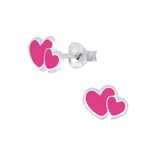 Melchior Jewellery pink heart stud earrings for girls in silver with vibrant pink hearts