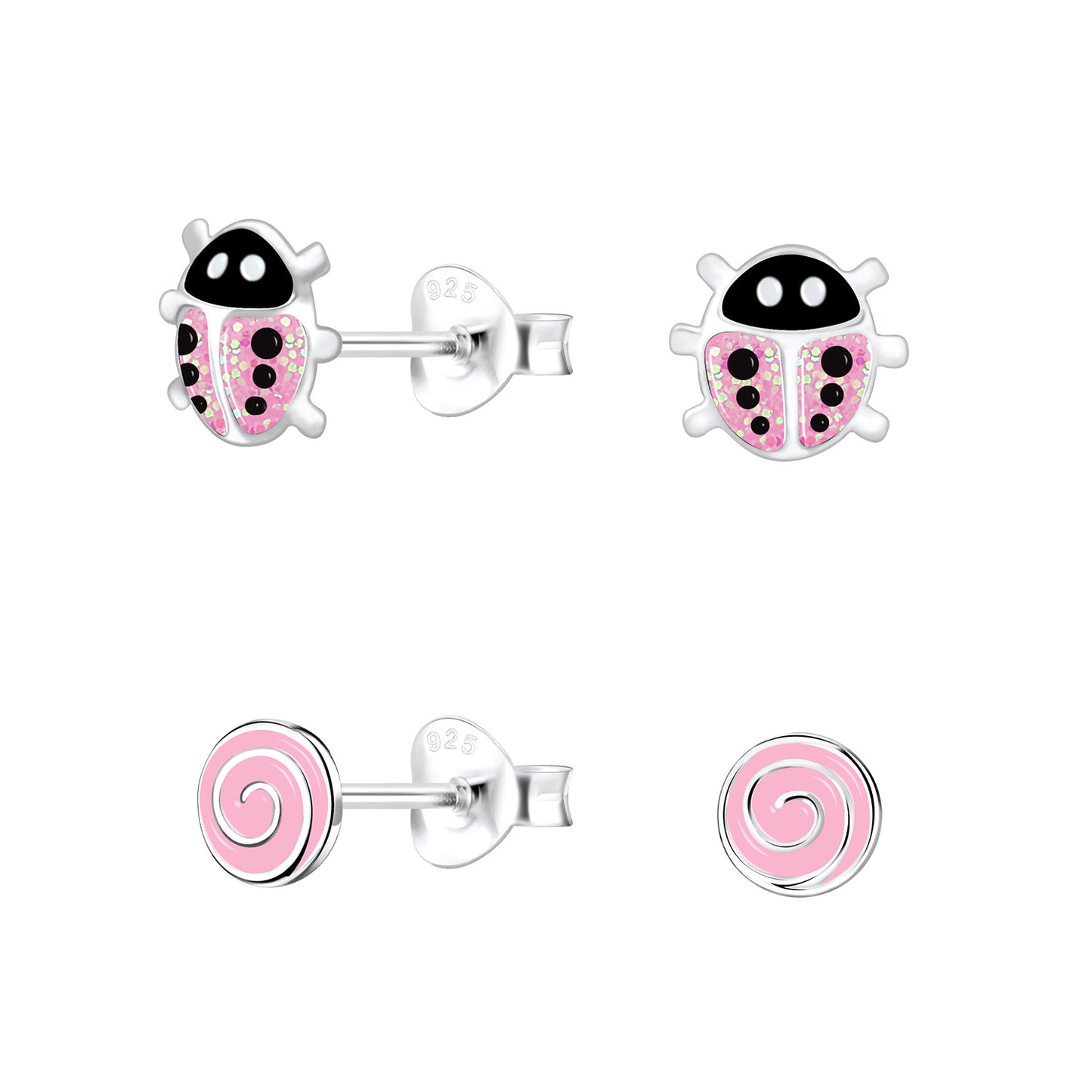 Melchior Jewellery pink stud earrings for kids featuring ladybird and swirl designs in sterling silver