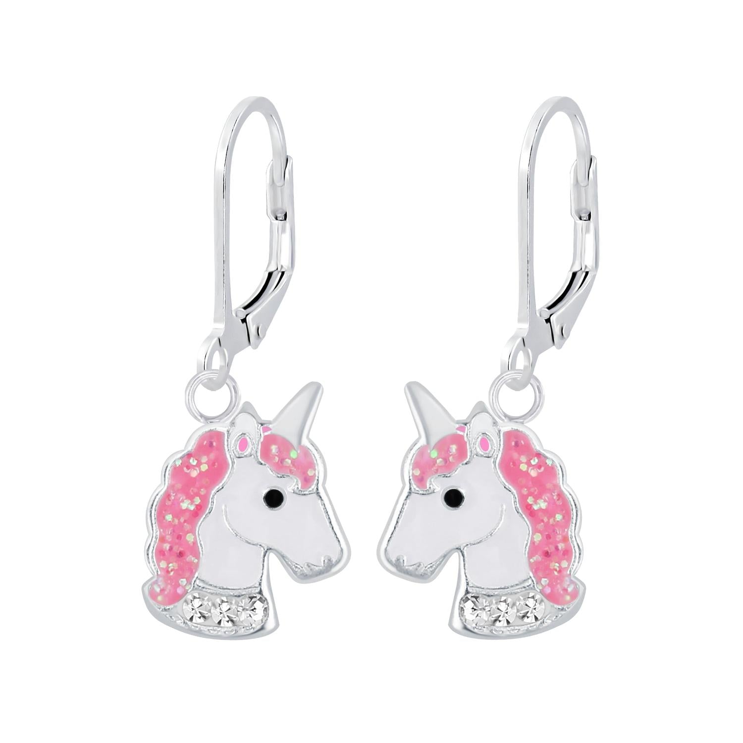 Melchior Jewellery Pink Unicorn Leverback Earrings with pink glitter mane and silver horn details