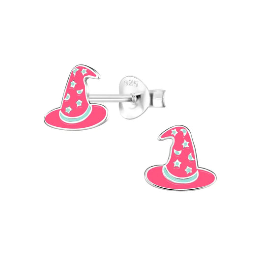Melchior Jewellery pink witch hat earrings for kids with silver studs and star decorations