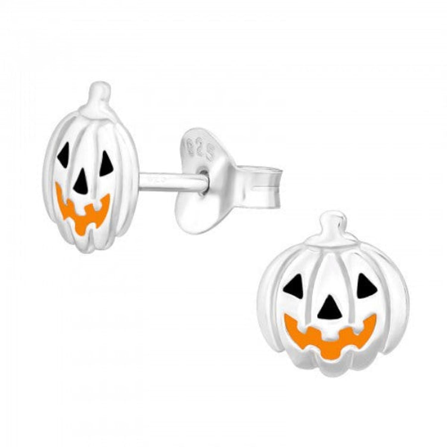 Melchior Jewellery pumpkin stud earrings for kids in silver with orange and black enamel Halloween design