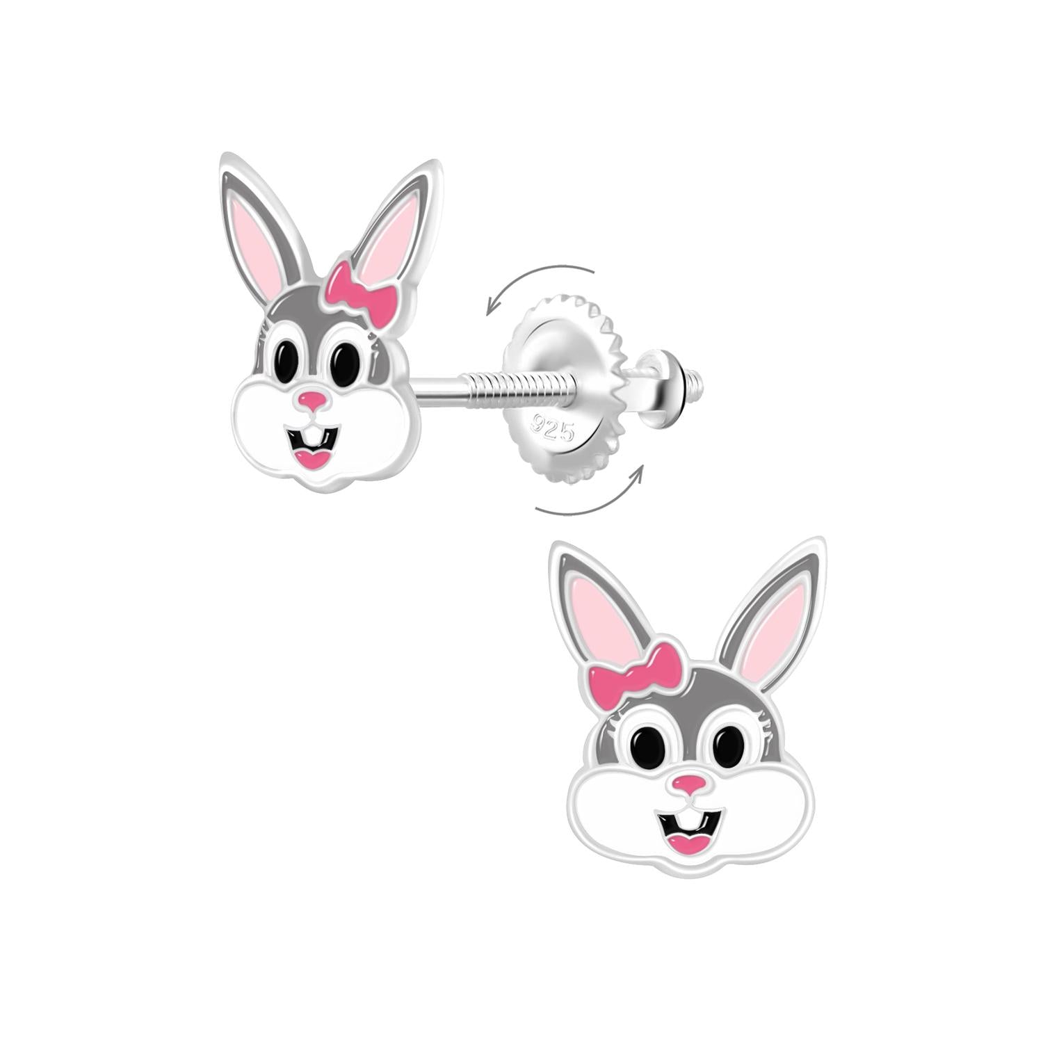 Melchior Jewellery Rabbit Screw Back Earrings for children in silver with pink bow and ear details