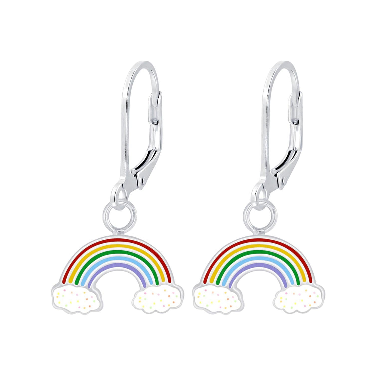 Melchior Jewellery childrens Rainbow Leverback Earrings with colourful rainbow and cloud design