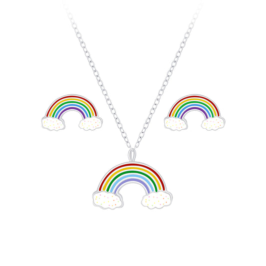 Melchior Jewellery rainbow necklace and earrings for children with colourful cloud design