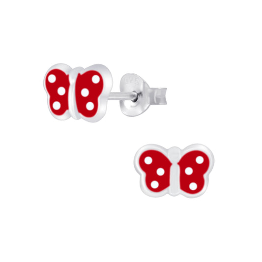 Red spotted butterfly stud earrings for kids by Melchior Jewellery in silver with bright red enamel and white spots