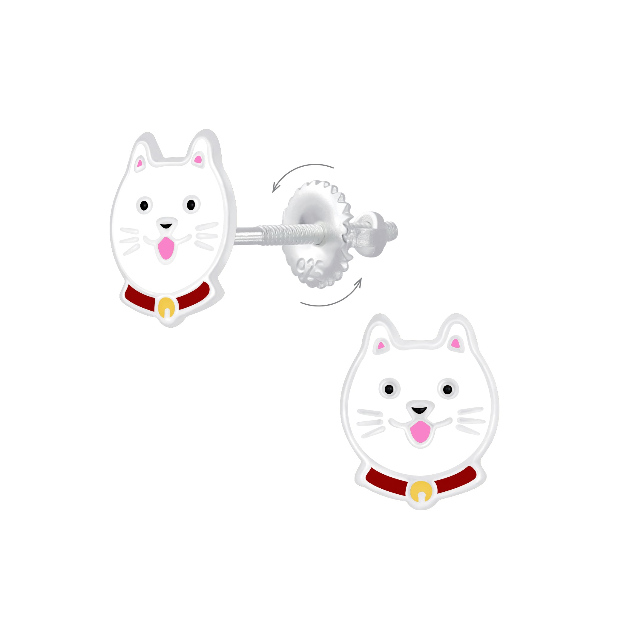 Melchior Jewellery safe cat earrings for girls featuring silver cat face with red collar and screw back