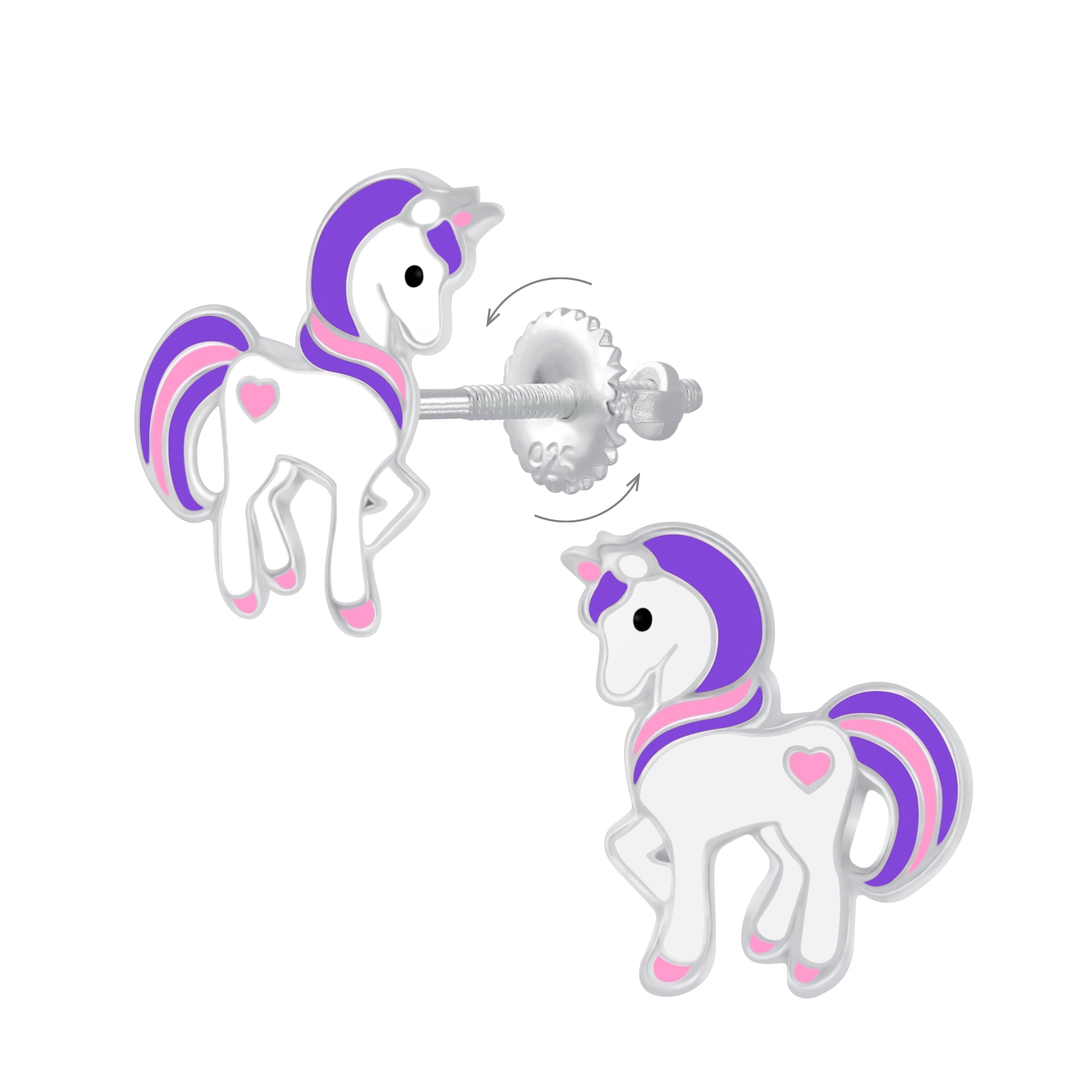 Melchior Jewellery screw back unicorn earrings for kids in white and purple with pink heart details
