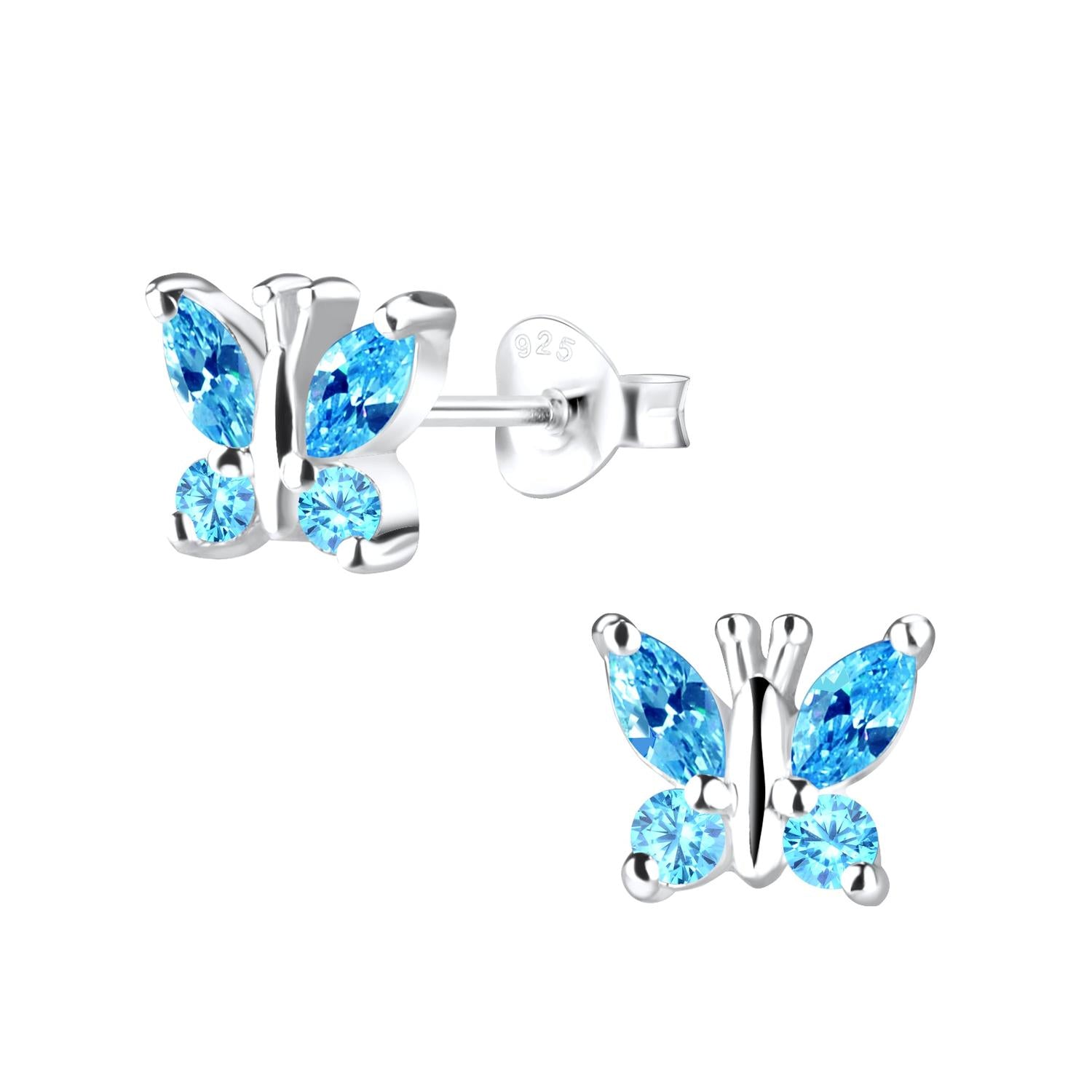 Melchior Jewellery Silver Butterfly Aquamarine CZ Earrings with bright blue gemstones and sterling silver setting