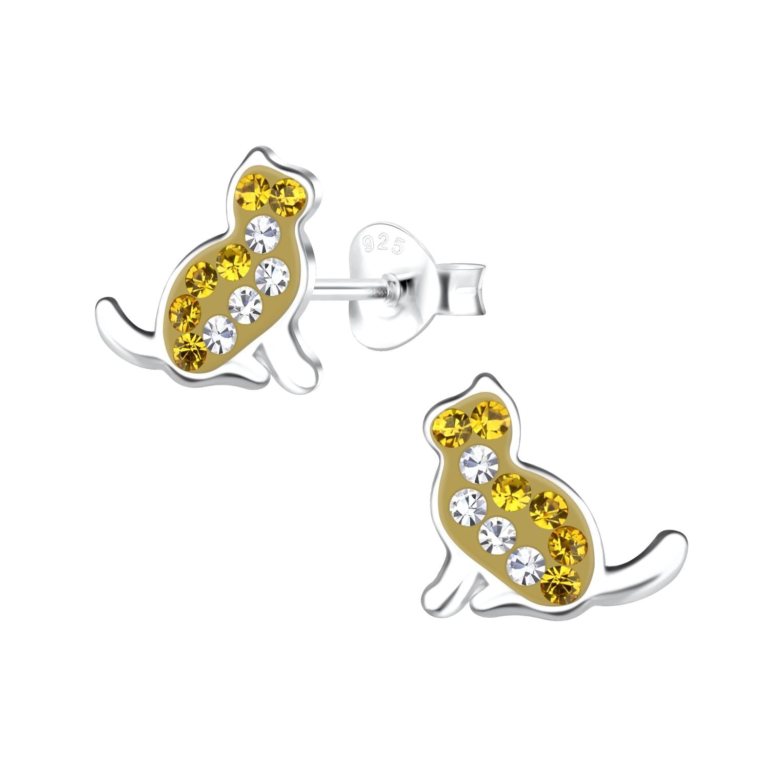 Silver Cat Stud Earrings for children with yellow and white crystal detailing by Melchior Jewellery