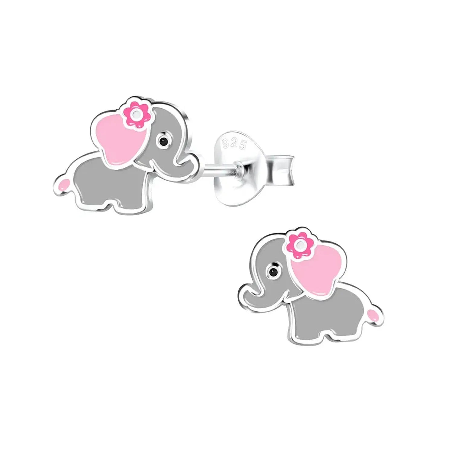 Silver Elephant Stud Earrings for children by Melchior Jewellery featuring grey elephants with pink ears and flower detail