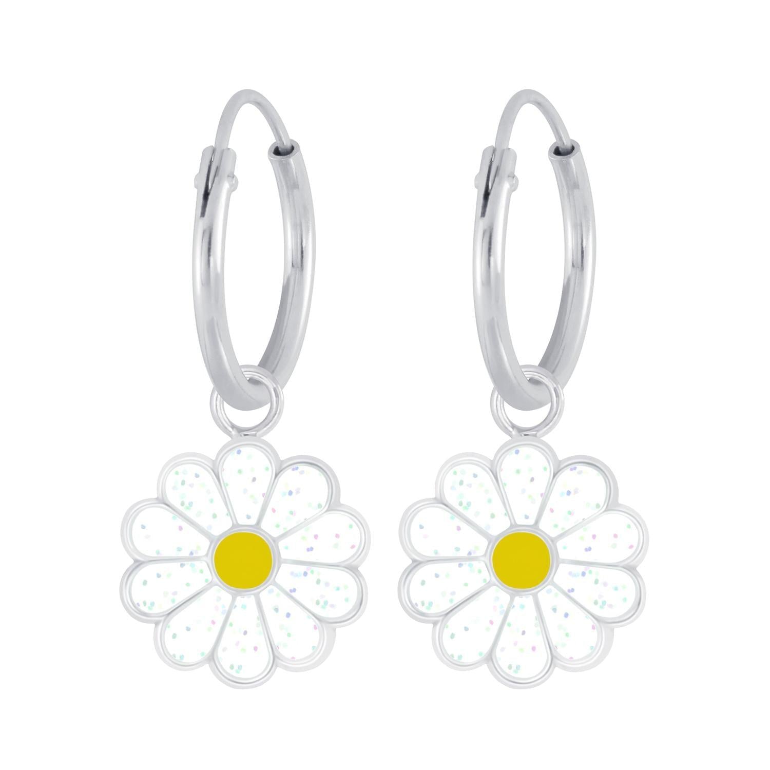 Melchior Jewellery silver flower hoop earrings for girls with white petals and yellow centre