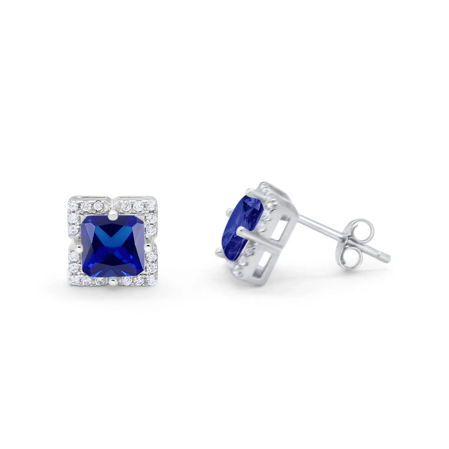 Silver Halo Princess Cut Sapphire Earrings with deep blue stones and sparkling clear crystals by Melchior Jewellery