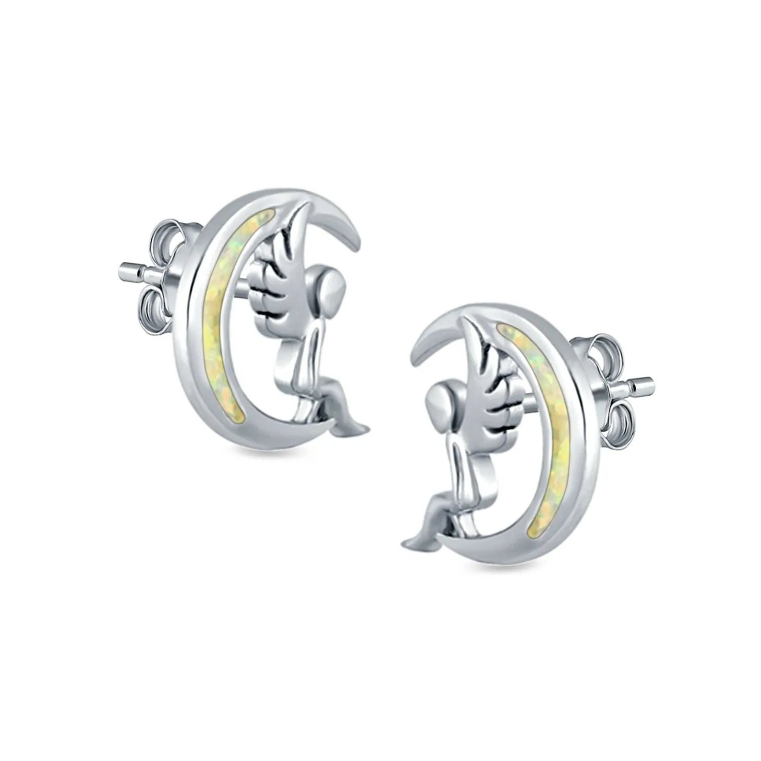 Melchior Jewellery silver opal stud earrings featuring a silver angel sitting on a crescent moon with iridescent opal inlay