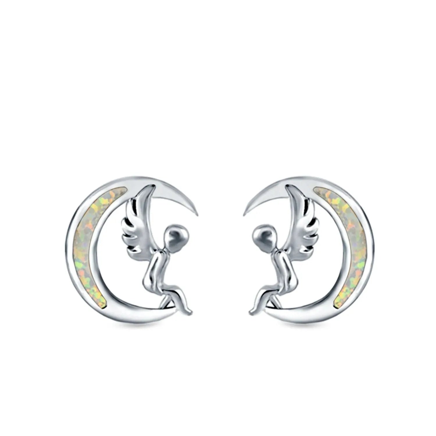 Melchior Jewellery Silver Opal Stud Earrings featuring silver angels sitting on crescent moons with iridescent opal inlays