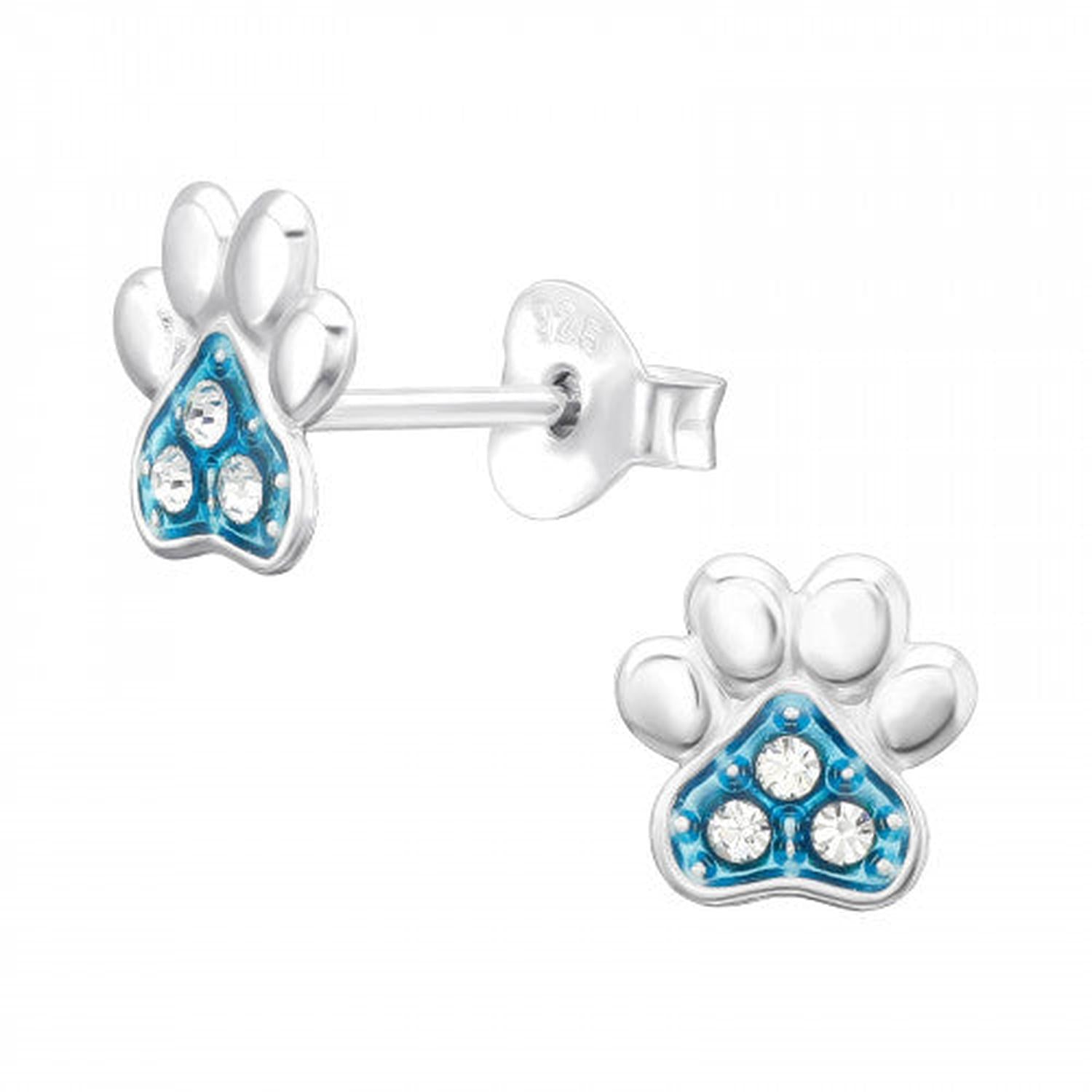 Melchior Jewellery Silver Paw CZ Stud Earrings with blue enamel and clear cubic zirconia stones