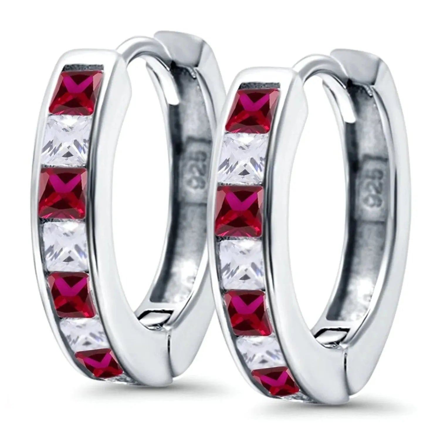 Silver Ruby CZ Half Hoop Earrings by Melchior Jewellery with alternating deep red and clear cubic zirconia stones