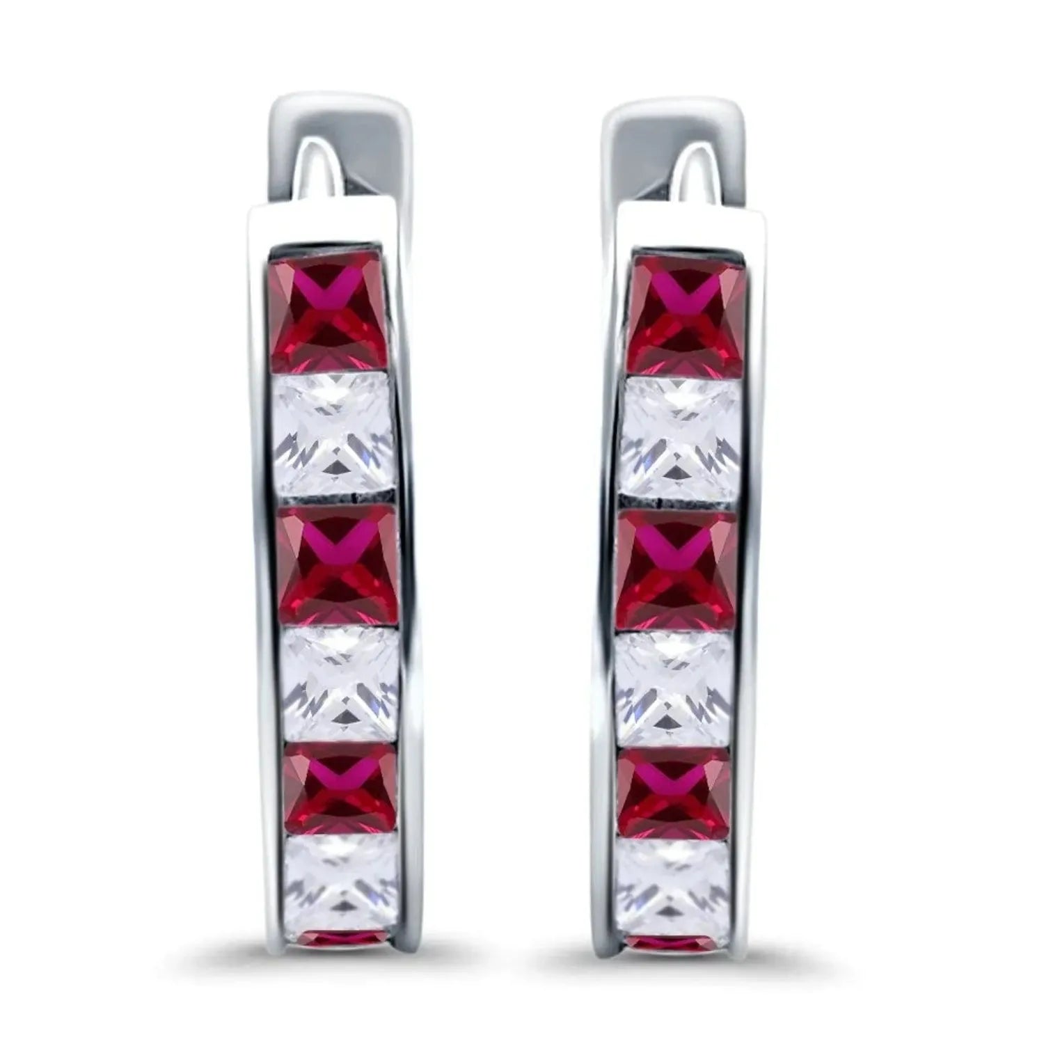Melchior Jewellery Silver Ruby CZ Half Hoop Earrings featuring alternating deep red ruby and clear cubic zirconia stones