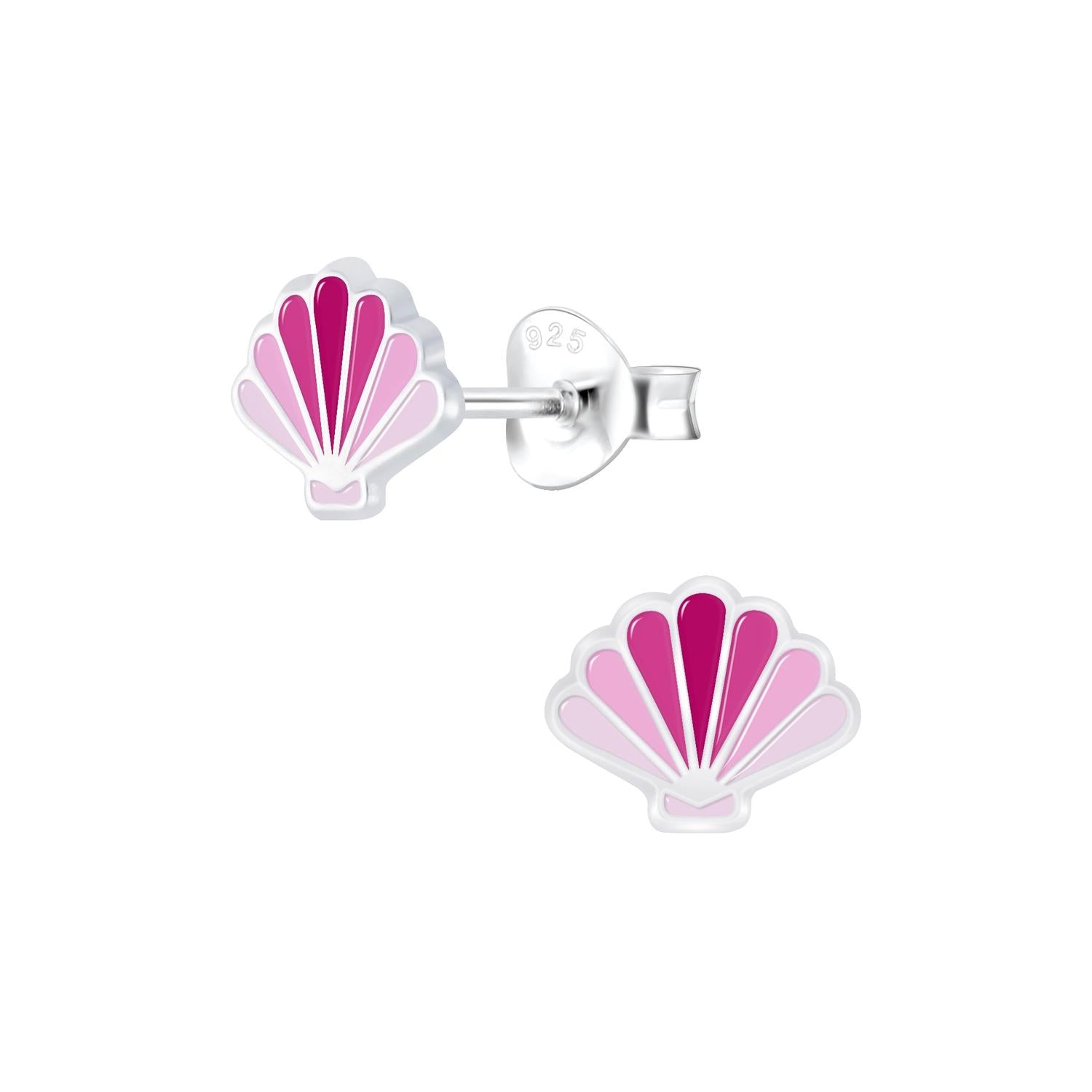 Melchior Jewellery silver shell earrings with pink and magenta enamel detailing in sterling silver studs