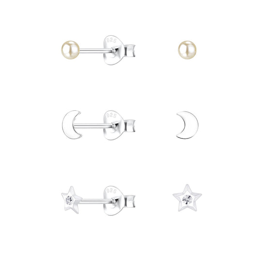 Melchior Jewellery silver star and moon earrings for girls with pearl studs set of three pairs