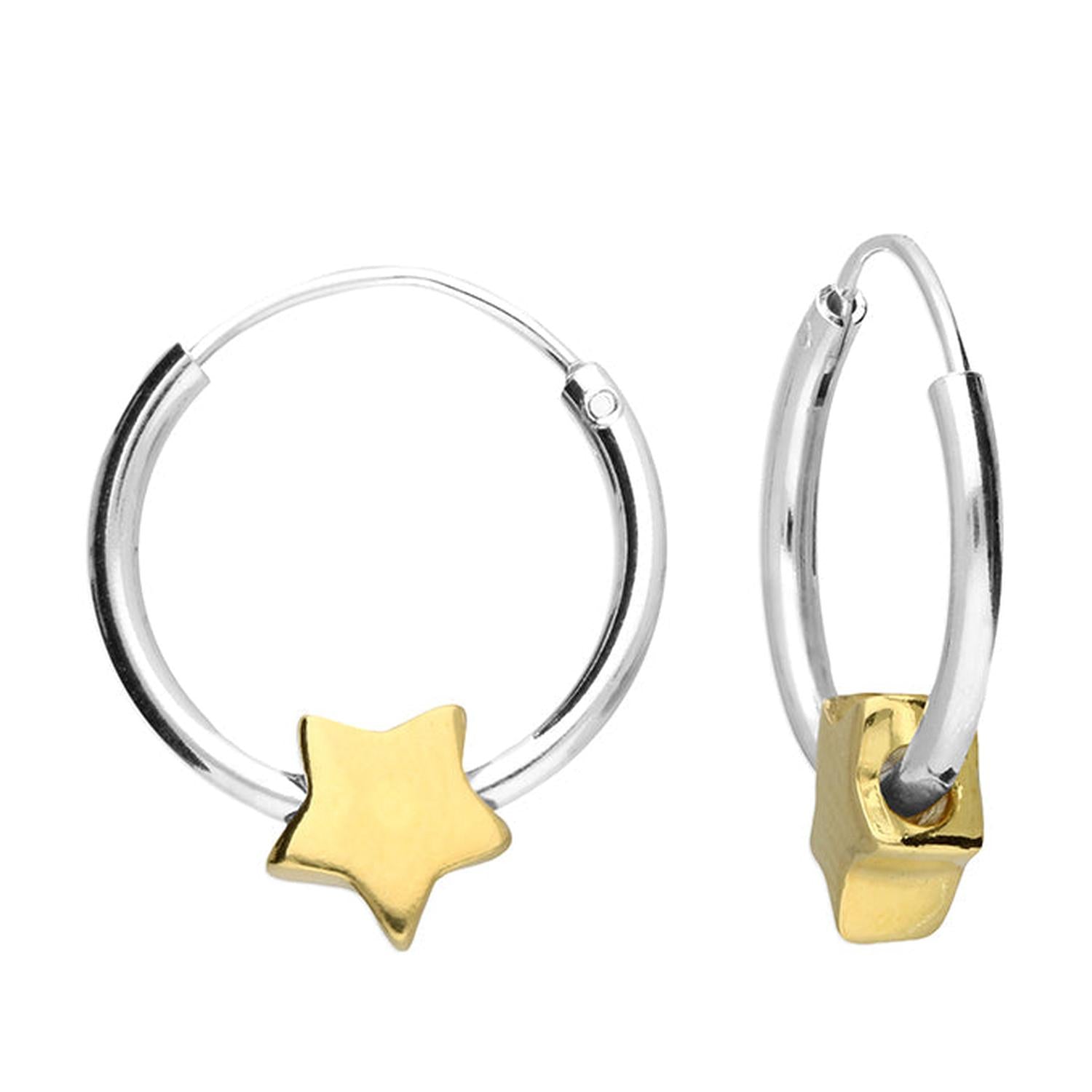 Silver Two Tone Star Huggie Hoop Earrings by Melchior Jewellery featuring shiny silver hoops with polished gold star charms