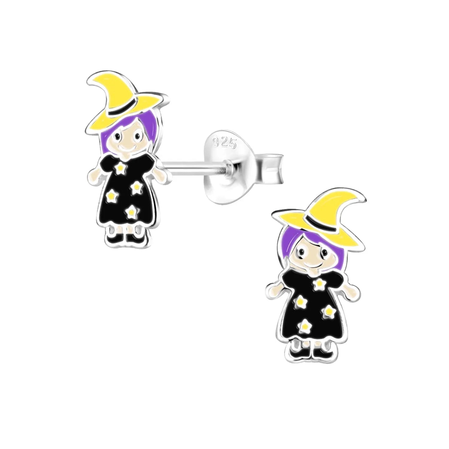 Melchior Jewellery Silver Witch Stud Earrings featuring purple-haired witches in black dresses with yellow hats and white stars