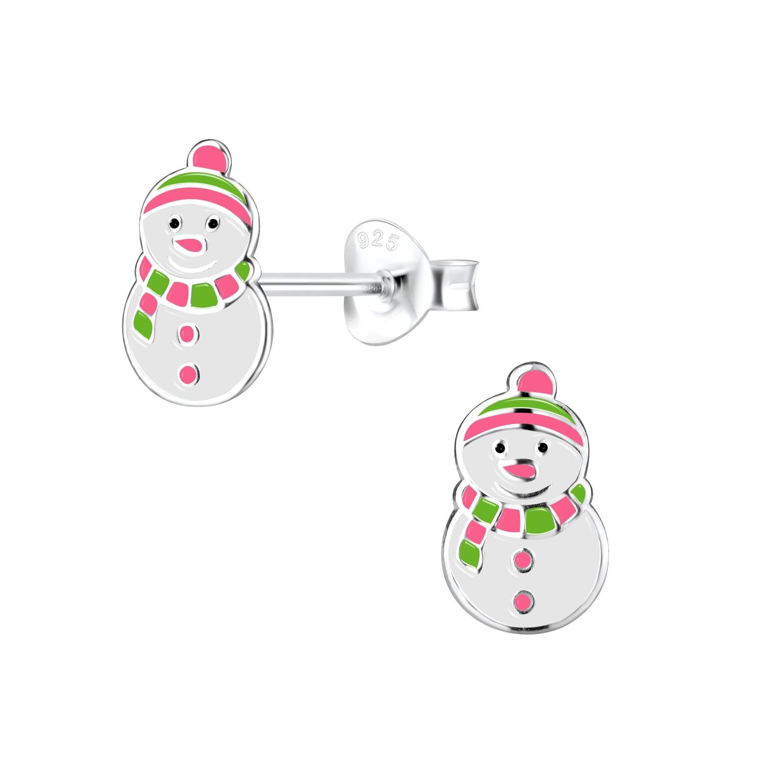 Melchior Jewellery snowman earrings for little girls in silver with pink and green enamel detailing